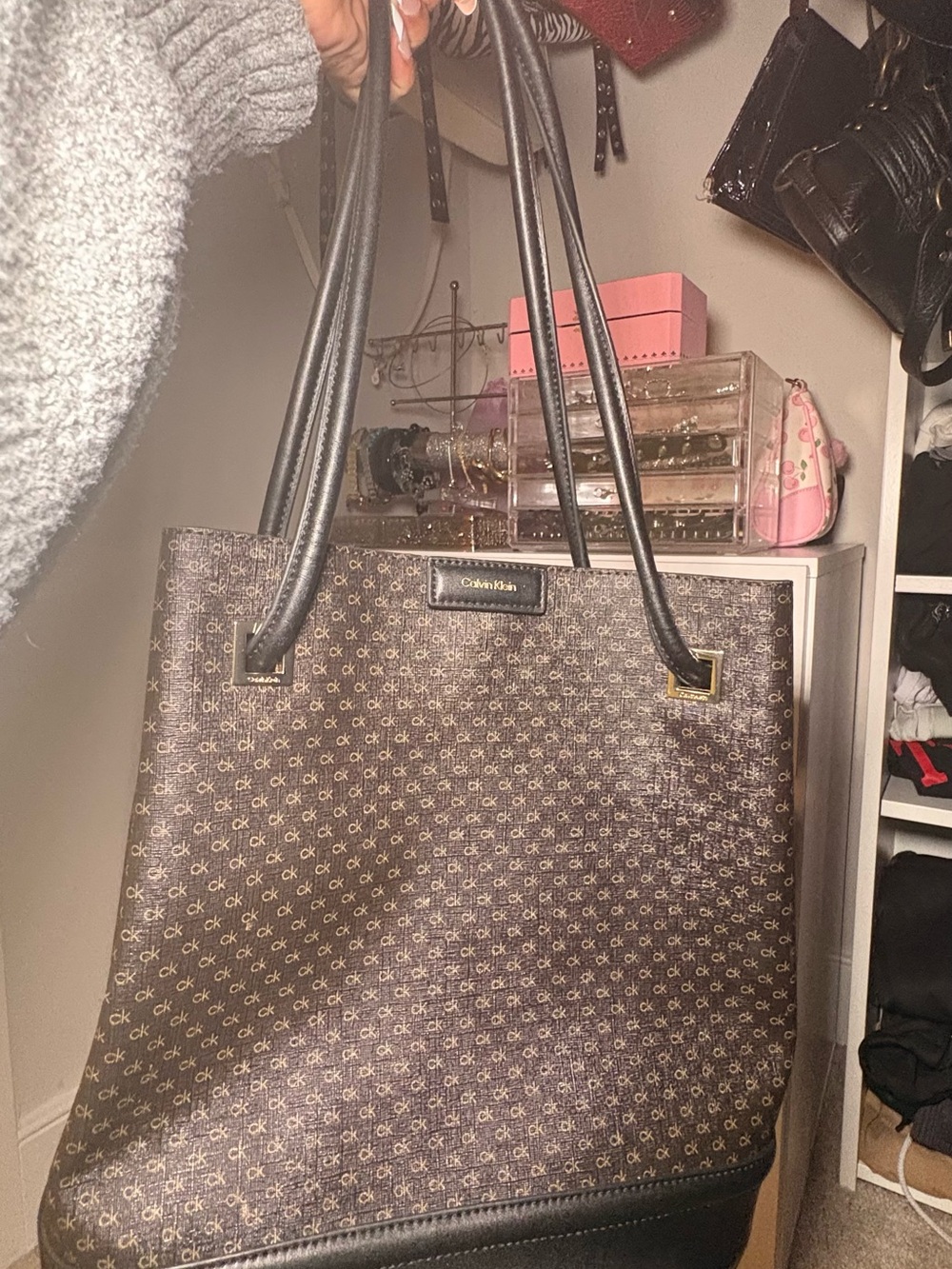 Calvin Klein Brown Monogram Tote with Black Straps